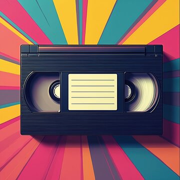 Retro VHS cassette sits on a vibrant, radial striped background with bold retro colors. Empty label area allows for custom text. Evokes 80s and 90s nostalgia for analog media.