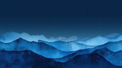 A serene mountain landscape with blue hues under a dark sky