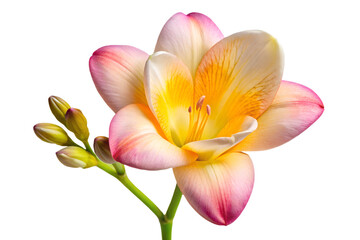 Close up of a blooming freesia flower with pink and yellow petals and green stem isolated on a transparent background