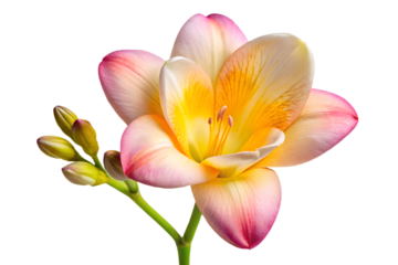 Close up of a blooming freesia flower with pink and yellow petals and green stem isolated on a transparent background