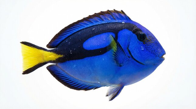 A blue tang fish swimming isolated on a white background