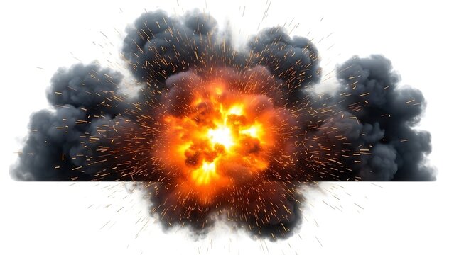 A dramatic explosion erupts with a bright fiery core and dark smoky clouds, appearing to burst from a clear horizontal line on a white background. - Powered by Adobe