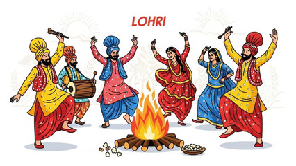 Lohri Celebration: Illustrating the vibrant Lohri festival with people joyfully dancing around a bonfire, capturing the essence of cultural heritage and the spirit of celebration.