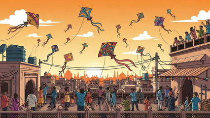 Skyward Symphony: An animated depiction of a lively cityscape, where colorful kites dance against a vibrant, sunlit sky, a scene of joy and community spirit.