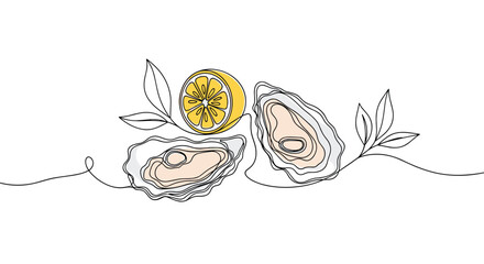 Elegant continuous line drawing of two opened oysters and a whole lemon slice with green leaves for luxury seafood concepts.
