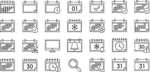 Calendar line icons set, scheduling, reminders, deadlines and event planning symbols for productivity apps and interfaces, vector illustration