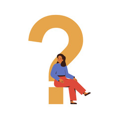 Thinking woman sits on a big yellow question mark. Metaphor of uncertainty, doubt, decision or explaination. Vector illustration