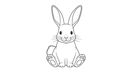 Fototapeta premium Simple black and white line drawing of a cute rabbit sitting on its haunches and looking directly forward with curiosity.