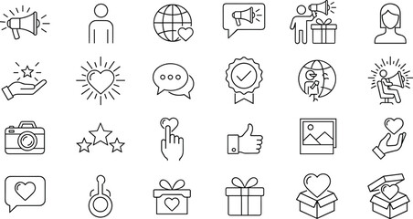 Social media outline icons pack, marketing, communication, engagement and user interaction symbols for apps and web, vector illustration