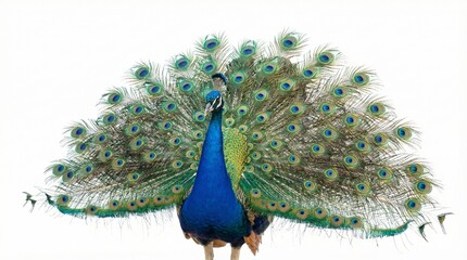 A regal peacock with feathers spread isolated on a white background © woopics