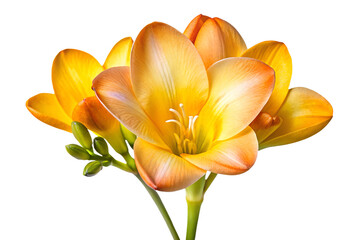 Close up of vibrant yellow and orange freesia flowers with green leaves isolated on a transparent background
