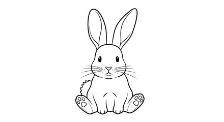 Fototapeta premium Cute line drawing of a small white rabbit sitting and looking forward with its long ears alert and little paws visible.