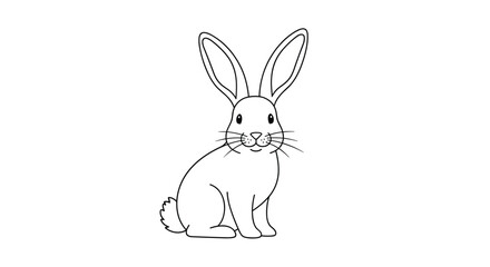 Fototapeta premium Simple black and white line drawing of a sitting rabbit looking towards the right side with its long ears and whiskers.