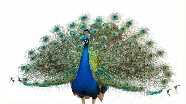 A regal peacock with feathers spread isolated on a white background