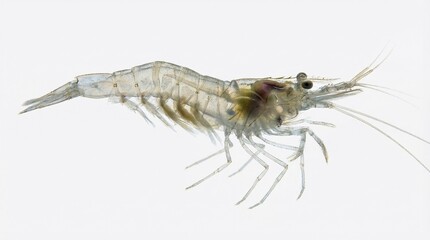 A transparent shrimp swimming isolated on a white background