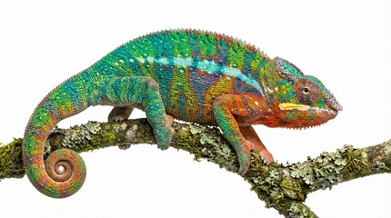 A vibrant chameleon perched on branch isolated on a white background