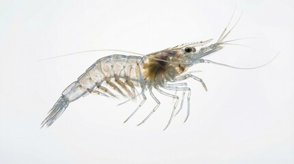 A transparent shrimp swimming isolated on a white background