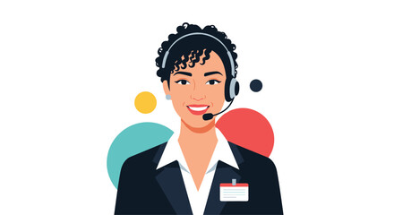 Professional illustration of a smiling female customer service representative wearing a headset and formal business suit for work.
