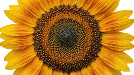 A vibrant sunflower head isolated on a white background