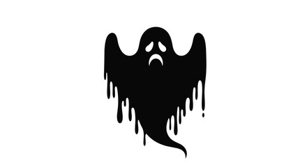 Spooky black silhouette of a sad ghost with dripping edges and expressive downturned eyes for various Halloween decorations.