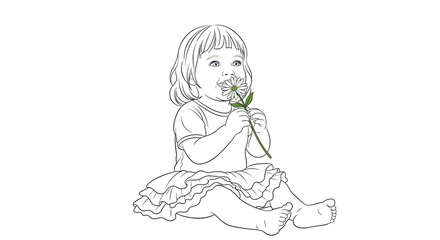 Fototapeta premium Little girl in a frilly tutu sits on the ground and enjoys the sweet scent of a fresh daisy flower in this simple line art.