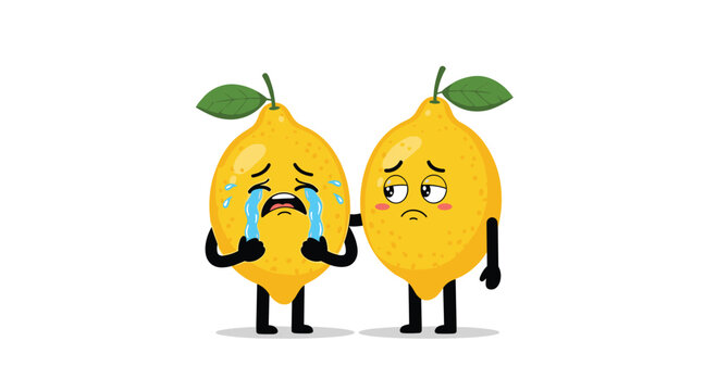 Heartfelt cartoon illustration of a crying lemon character being comforted by a sympathetic friend on a clean white background.