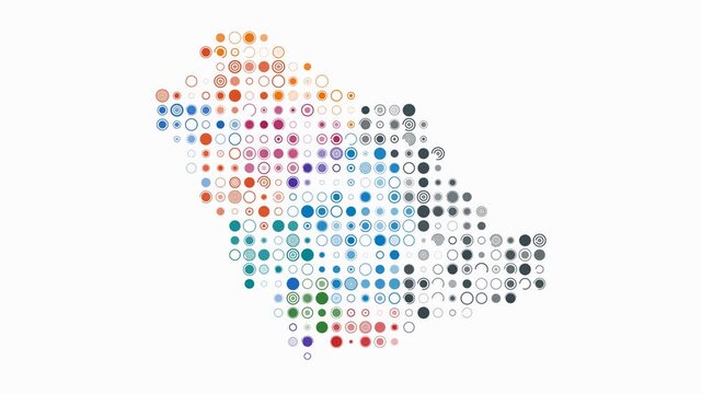 Saudi Arabia animated country shape. Pulsating colored dots on the map of the country. Large size circle blocks. Digital style Saudi Arabia map on white background. Creative animation video.