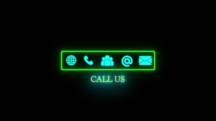 The Glowing neon frame and Neon Blue Communication Icons animated  With Call Us Text 4k animation On Dark Black Background contact On Black Background contact HD motion video 