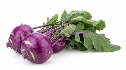 Fresh purple kohlrabi with leaves isolated on a white background