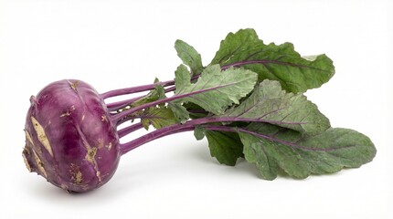Fresh purple kohlrabi with leaves isolated on a white background