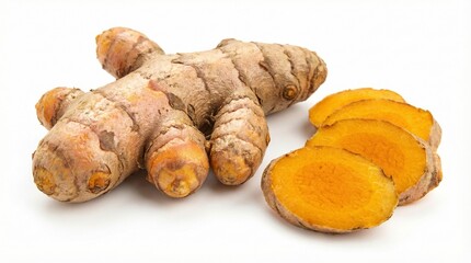 Raw turmeric root sliced pieces isolated on a white background