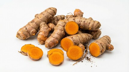 Raw turmeric root sliced pieces isolated on a white background