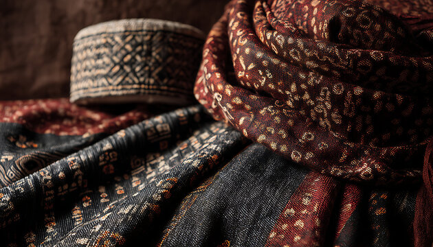 Traditional kufi caps and intricate sandhi ajrak 