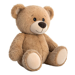 Cute light brown teddy bear with black eyes and a black nose sitting upright with a friendly expression isolated on a transparent background