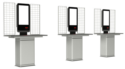 Row of self-checkout kiosks. 3d illustration transparent background