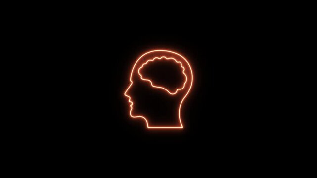 Human head icon with orange neon outline and visible brain. Neon Icon. Neon Sign