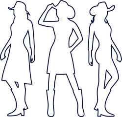 Elegant woman wearing a hat and high heeled boots outline vector, minimal linear fashion icon ideal for logos, apparel design, beauty branding, and editorial illustrations.