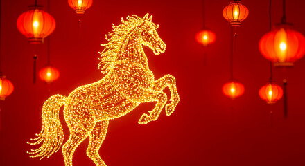 Image of a rearing horse made of yellow lights and red chinese lanterns, symbolizing celebration or lunar new year.