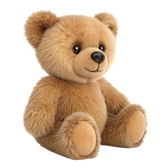 Cute light brown teddy bear with black eyes and nose sitting upright with a slight smile isolated on a transparent background