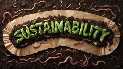 Green leaves spell "Sustainability" in soil