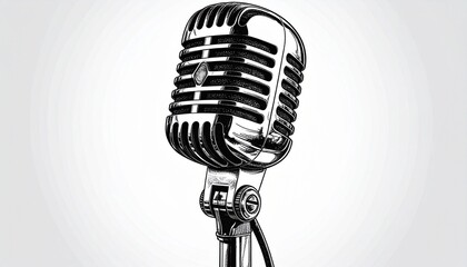 Vintage-style microphone with horizontal grille lines and metallic finish mounted on a stand.