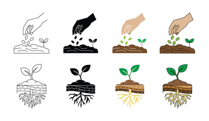 Planting seeds and plant growing icon set. Agriculture concept gardening, farming , botany science. Eco farming, sustainability. Vector Illustration.