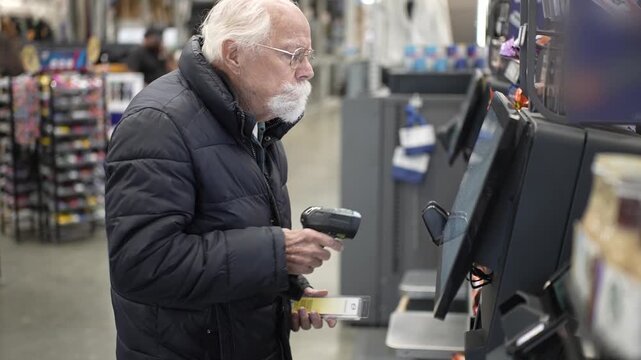 An elderly man scans items at a self checkout in a hardware store during a shopping trip in the afternoon.
