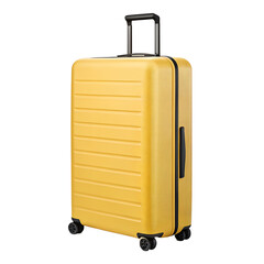 Large yellow hard-shell travel suitcase with four wheels and a telescopic handle standing upright isolated on a transparent background