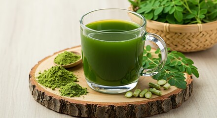 Vibrant Moringa Superfood Display: Green Juice, Powder, Fresh Leaves, Capsules & Basket on Rustic Wood - Healthy Lifestyle & Natural Wellness