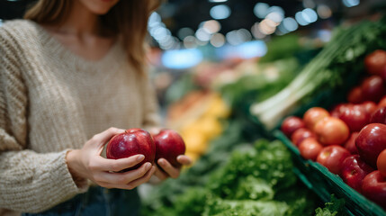 Detailed shot of woman selecting apples in produce aisle, hands gently turning two red apples, colorful vegetables and fruits filling shelves around, nutrition and food quality con