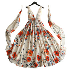 A beautiful floral dress hanging on a black hanger against a dark background