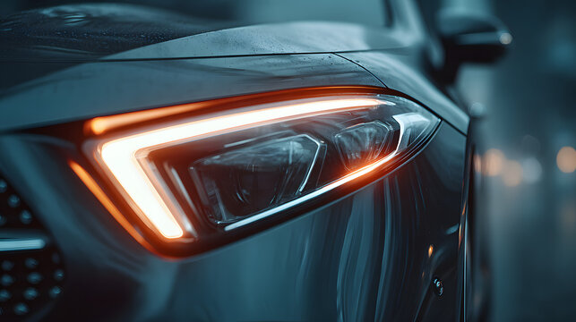 A car with its headlights on and a dark background