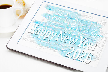 Happy New Year 2026 - word cloud on a digital tablet with a cup of coffee - greeting card