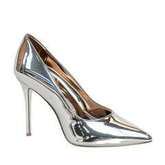 A shiny silver high-heeled shoe on a black background